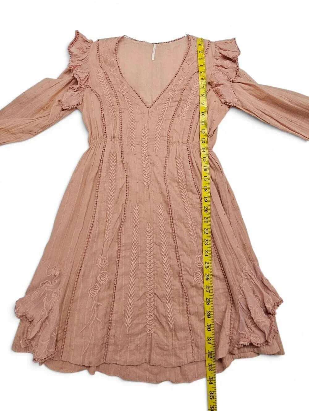 Free People Isabella Dusty Rose Ruffle V-Neck Long-Sleeve Dress Size 8